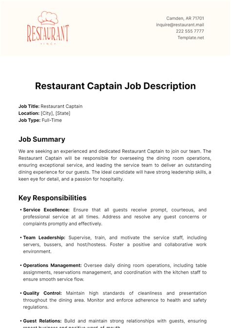 Job Description for Restaurant Captain.